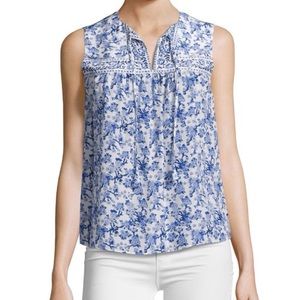 Rebecca Taylor Ava Silk Sleeveless Blue Floral Spring Parisian Print Blouse